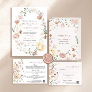 May include: A floral wedding invitation suite with a pink and white floral design. The invitation features the text "Gather with their families, Sophie Jurner and David Branson, Saturday, 08/10/20XX, at 3 o'clock in the afternoon, at this location, Reception to follow". The RSVP card features the text "Can't wait to celebrate, Will travel from afar, Dietary Requirements, Return by 08/01/20XX".