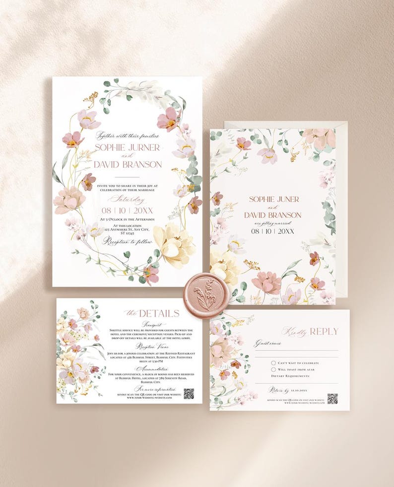 May include: A floral wedding invitation suite with a pink and white floral design. The invitation features the text "Gather with their families, Sophie Jurner and David Branson, Saturday, 08/10/20XX, at 3 o'clock in the afternoon, at this location, Reception to follow". The RSVP card features the text "Can't wait to celebrate, Will travel from afar, Dietary Requirements, Return by 08/01/20XX".