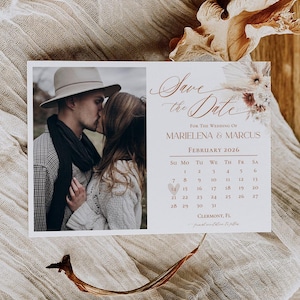 Modelo de calendário Boho Save the Date, modelo de Save the Date para casamento com foto, cartão de Save Our Date com foto para impressão Rust Terracotta D011