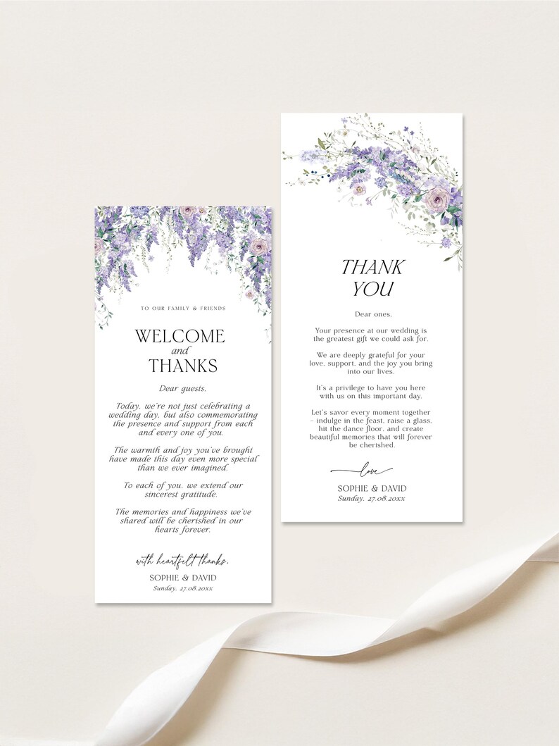 Wisteria Wedding Thank You Card Template, Printable Place Card Napkin Thank You Note, Place Setting Cards