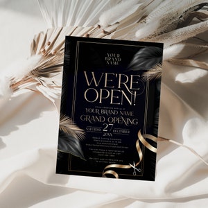 Elegant black and gold digital invitation for grand openings and business celebrations, fully customizable template.