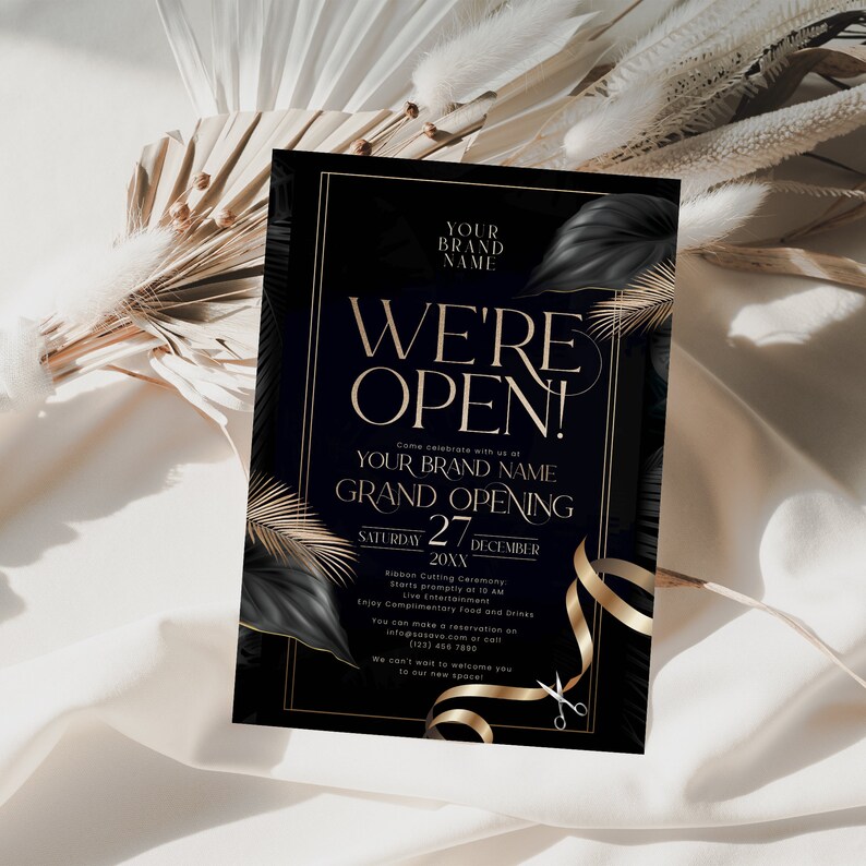 Elegant black and gold digital invitation for grand openings and business celebrations, fully customizable template.