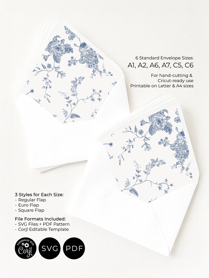 Monogram Blue Envelope Liner Template, DIY Envelope Liner Printable Template, Wedding Envelope Liner Template, PDF SVG Digital Download
