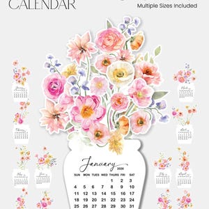May include: A 2026 floral desk calendar featuring watercolor flower illustrations. The central design shows a large vase filled with pink, yellow, and orange flowers. Twelve smaller monthly calendar cards are displayed around the center.