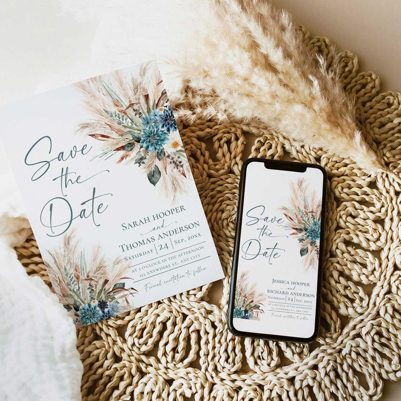 Rustic Save The Dates Card Printable, Teal Boho Wedding Save The Date Template with Photo, Custom Save The Date Wedding Templates E106