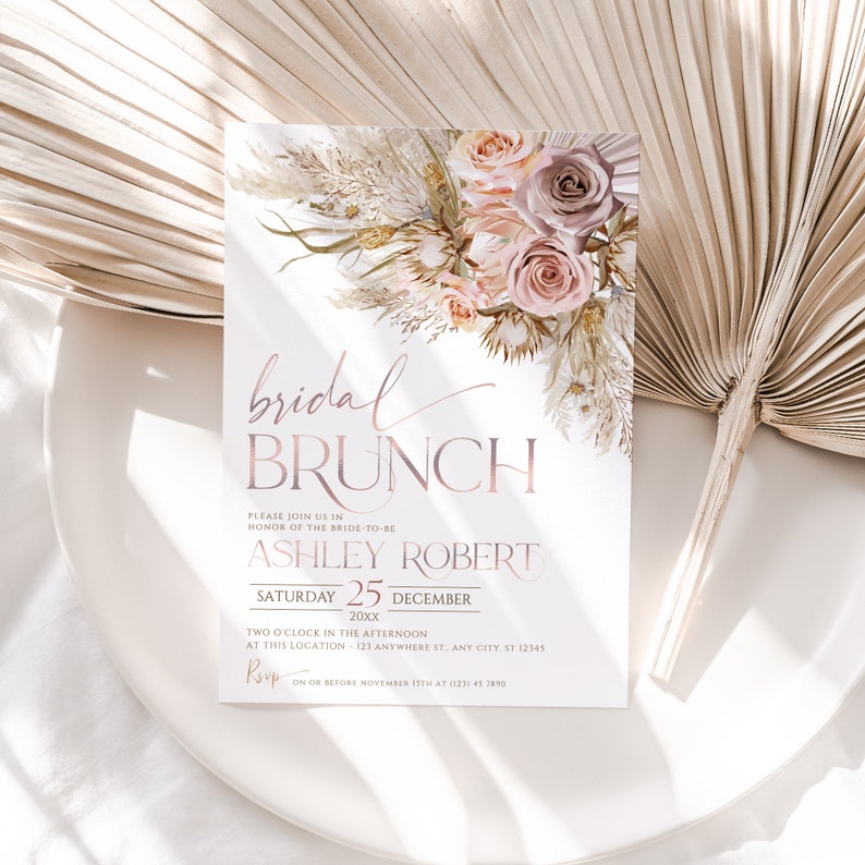 Pampas Bridal Brunch Invitation Template: Pink Boho (Editable) A006 image 5
