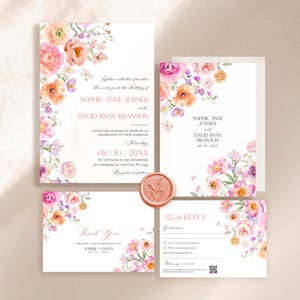 Colorful Flowers Wedding Invitation Template Editable, Spring Wedding Invitation Cards, Bright Wedding Invitation Suite Template E101