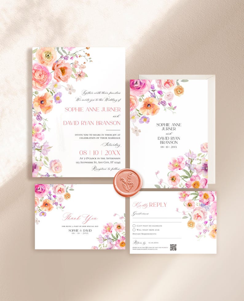 Colorful Flowers Wedding Invitation Template Editable, Spring Wedding Invitation Cards, Bright Wedding Invitation Suite Template E101