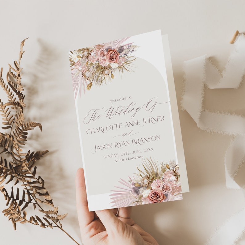 Pink Boho Wedding Program Template: Catholic Ceremony (Digital Download) D016
