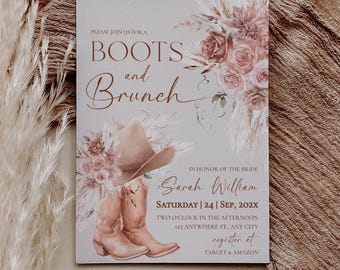 Western Bridal Shower Invitation Template, Boho Boots and Brunch Invite, Cowgirl Bridal Shower, Dusty Rose Floral Cowgirl Boots Printable