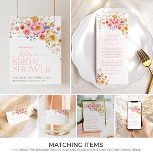 Pu&ograve; includere: Un set di inviti stampabili per un addio al nubilato con un design floreale. Gli inviti presentano un motivo floreale ad acquerello in tonalit&agrave; di rosa, giallo e verde. Il testo sugli inviti recita "Benvenuti al Bridal Shower di Ashley" e include la data e la posizione dell'evento.