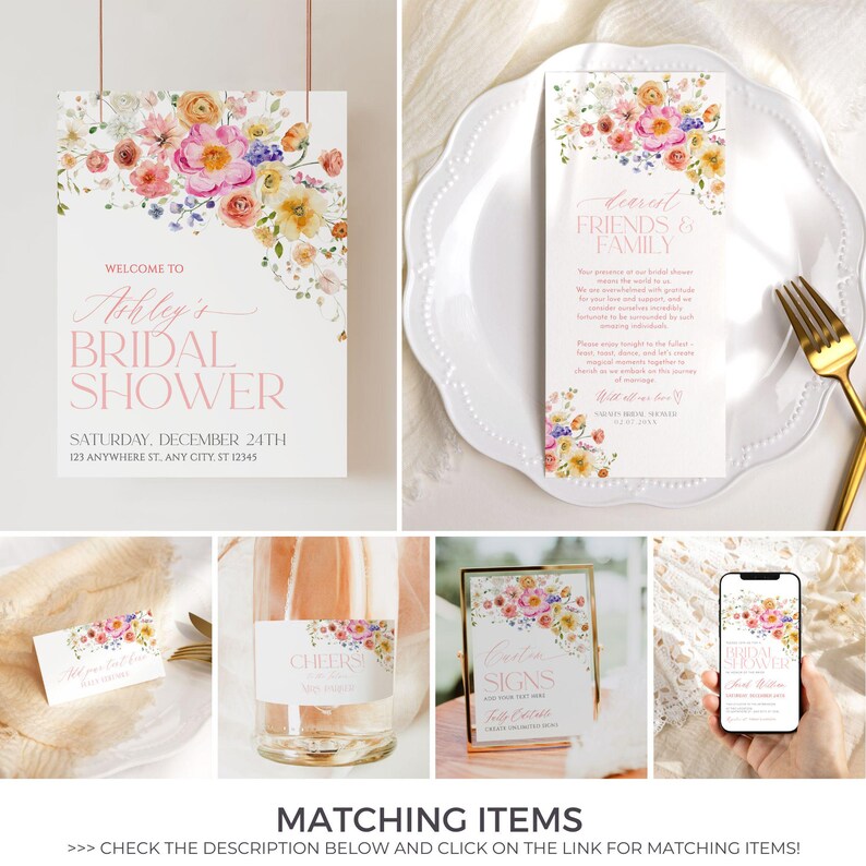 Pu&ograve; includere: Un set di inviti stampabili per un addio al nubilato con un design floreale. Gli inviti presentano un motivo floreale ad acquerello in tonalit&agrave; di rosa, giallo e verde. Il testo sugli inviti recita "Benvenuti al Bridal Shower di Ashley" e include la data e la posizione dell'evento.