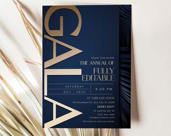Navy and Gold Gala Invitation Template, Corporate Dinner Party, Business Anniversary, Company Award Ceremony Flyer, Charity Fundraiser