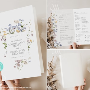 Catholic Wedding Program Template, Wildflower Wedding Ceremony Program Folded, Minimalist Catholic Program, Order of Service D002