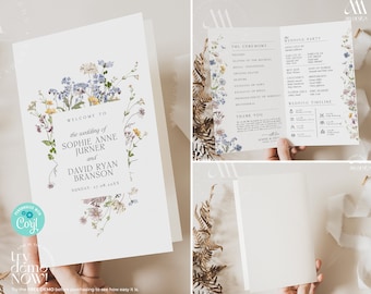 Wildflower Catholic Wedding Program Template: Minimalist Folded Order of Service (Digital Download) D002