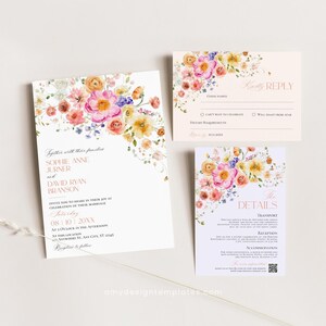 May include: A wedding invitation suite featuring a main invitation, a RSVP card, and a details card. Each piece is decorated with watercolor floral illustrations in shades of pink, yellow, and purple. The text includes names Sophie Anne Jurner and David Ryan Branson, event details, and a QR code.