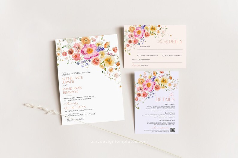 May include: A wedding invitation suite featuring a main invitation, a RSVP card, and a details card. Each piece is decorated with watercolor floral illustrations in shades of pink, yellow, and purple. The text includes names Sophie Anne Jurner and David Ryan Branson, event details, and a QR code.