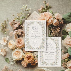 May include: Two white cards with a floral border and the text "Bridal Brunch" in a script font. The cards are on a background of light brown fabric with pink flowers.