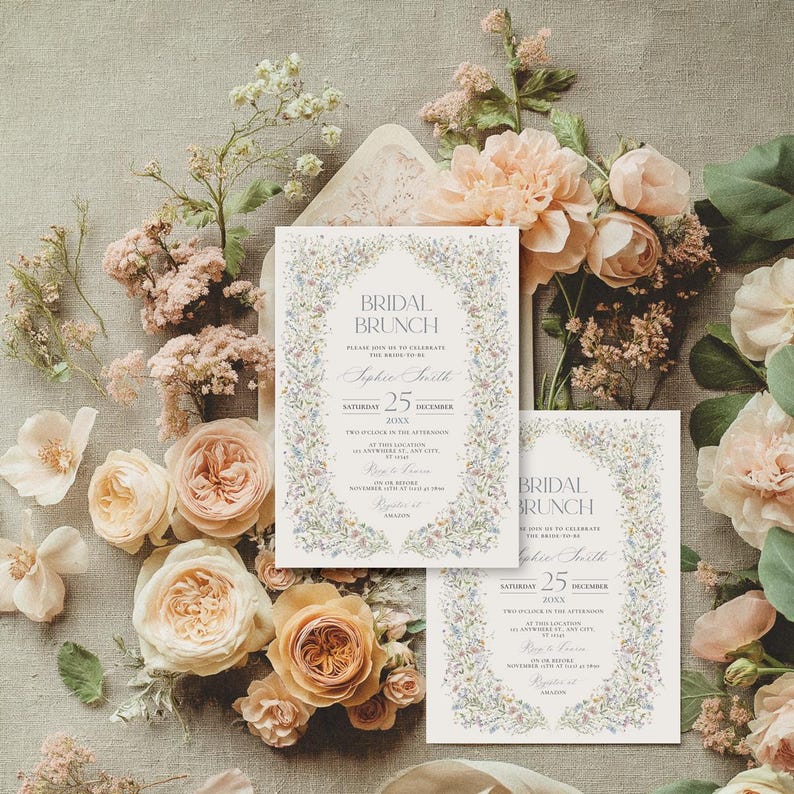 May include: Two white cards with a floral border and the text "Bridal Brunch" in a script font. The cards are on a background of light brown fabric with pink flowers.
