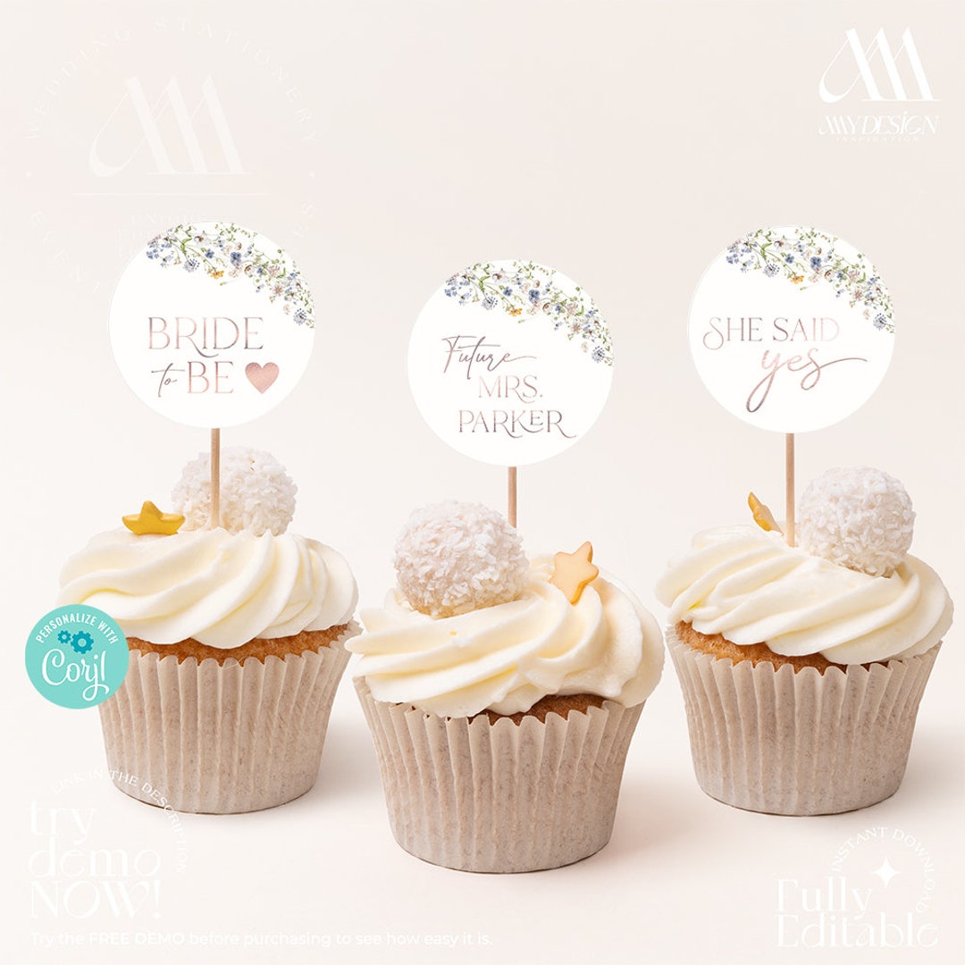 Printable Cupcake Topper Printable Template, Wildflower Bridal Shower