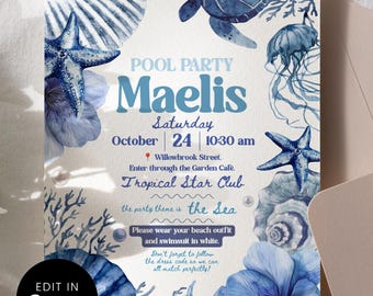 Blue Coastal Sea Turtle Pool Party Invitation Canva Template, Ocean Shell Starfish Jellyfish Invite, Under The Sea Birthday Theme