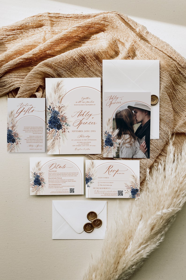 Navy Blue Wedding Invitation Template Boho Wedding Invitation Suite Navy Blue Wedding Invite Set Pampas Bohemian Arched E059