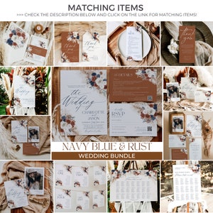 May include: A wedding invitation suite in a navy blue and rust colour scheme. The suite includes a save the date card, invitation, RSVP card, details card, thank you card, and table number cards. The cards feature a floral design with white, navy blue, and rust flowers.