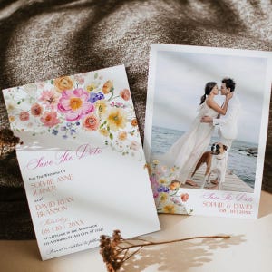 Bright Floral Save The Date Card, Colorful Flowers Save The Date Template with Photo, Save Our Date Instant Download E083
