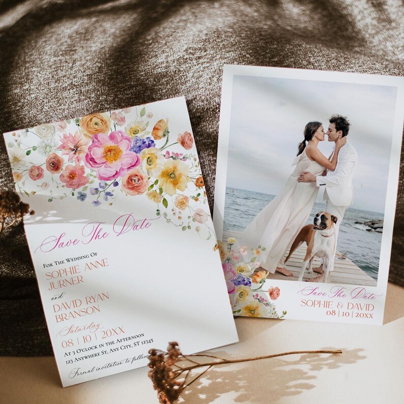 Bright Floral Save The Date Card, Colorful Flowers Save The Date Template with Photo, Save Our Date Instant Download E083