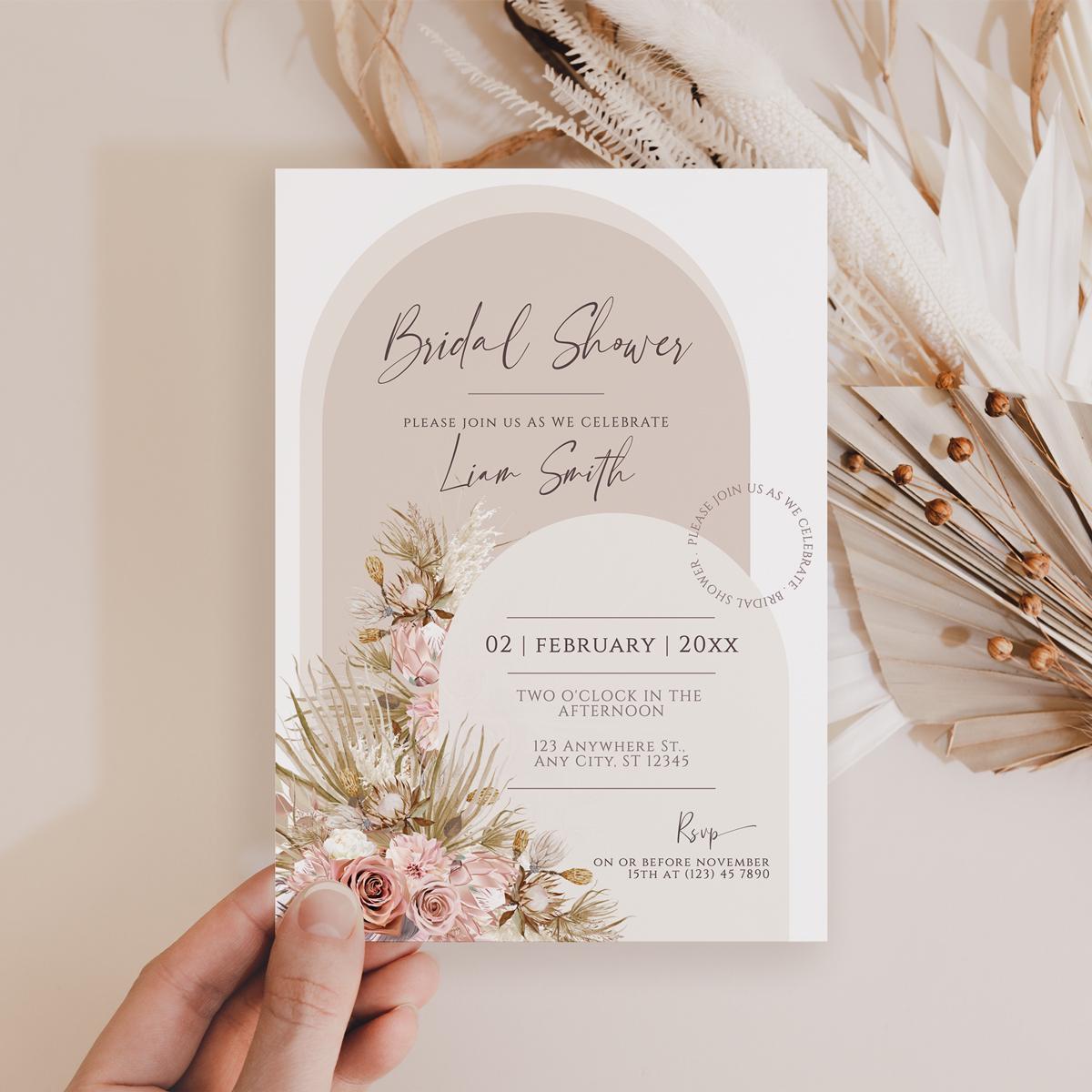 Boho Bridal Shower Invitation, Bohemian Floral Bridal Shower Invite,  Arched Bridal Shower Invitations Pampas Grass Editable Template B057