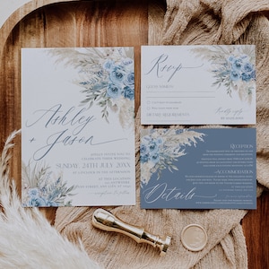 Modèle bleu de suite de faire-part de mariage, modèle d'ensemble d'invitation de mariage bleu poussiéreux de Boho, modèle modifiable de Corjl d'invitations de mariage de Boho E013