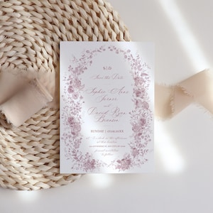 Cartões de reserva de data florais rosa, modelo de reserva de data de casamento com monograma de arte de linha, casamento vitoriano D031