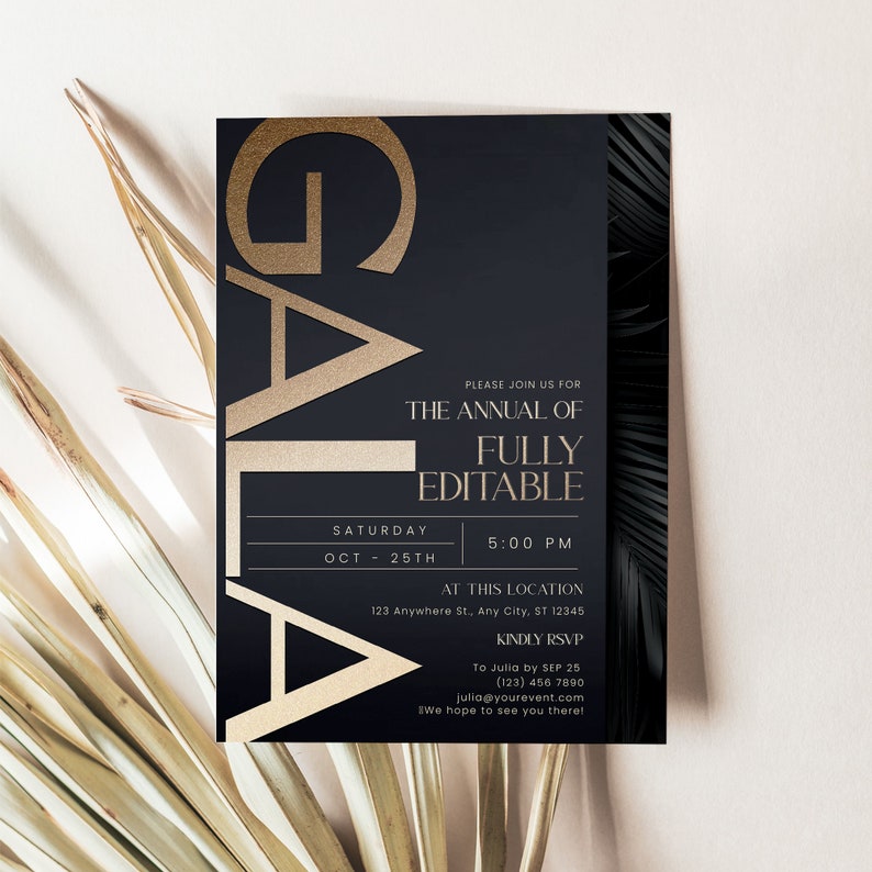 Elegant Gala Invitation Template with black and gold design, perfect for formal dinner parties or corporate events, fully editable digital file.