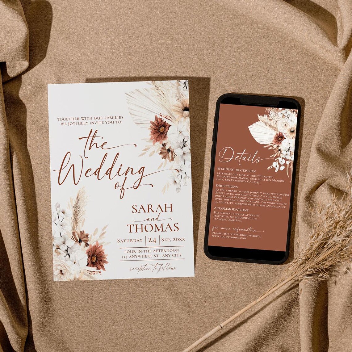 Terracotta Wedding Invitation Template: Fall Evite, Details Card ...