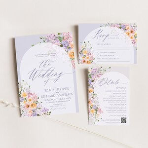 May include: Purple and peach floral wedding invitation suite with a calligraphy font. The invitation includes the names Jessica Hooper and Richard Anderson, the date and time of the wedding, and the location. The RSVP card includes a section for guests to indicate their attendance and dietary requirements. The details card includes information about the wedding venue, transportation, and accommodations.