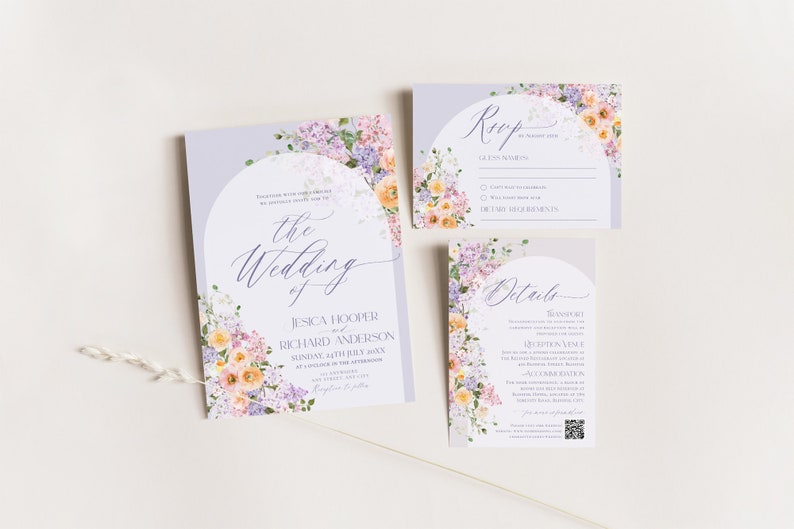 May include: Purple and peach floral wedding invitation suite with a calligraphy font. The invitation includes the names Jessica Hooper and Richard Anderson, the date and time of the wedding, and the location. The RSVP card includes a section for guests to indicate their attendance and dietary requirements. The details card includes information about the wedding venue, transportation, and accommodations.