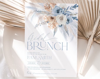 Dusty Blue Bridal Brunch Invitation editable template, Blue Bridal Shower Brunch Invite Template, Boho pampas Bridal Brunch Template A014