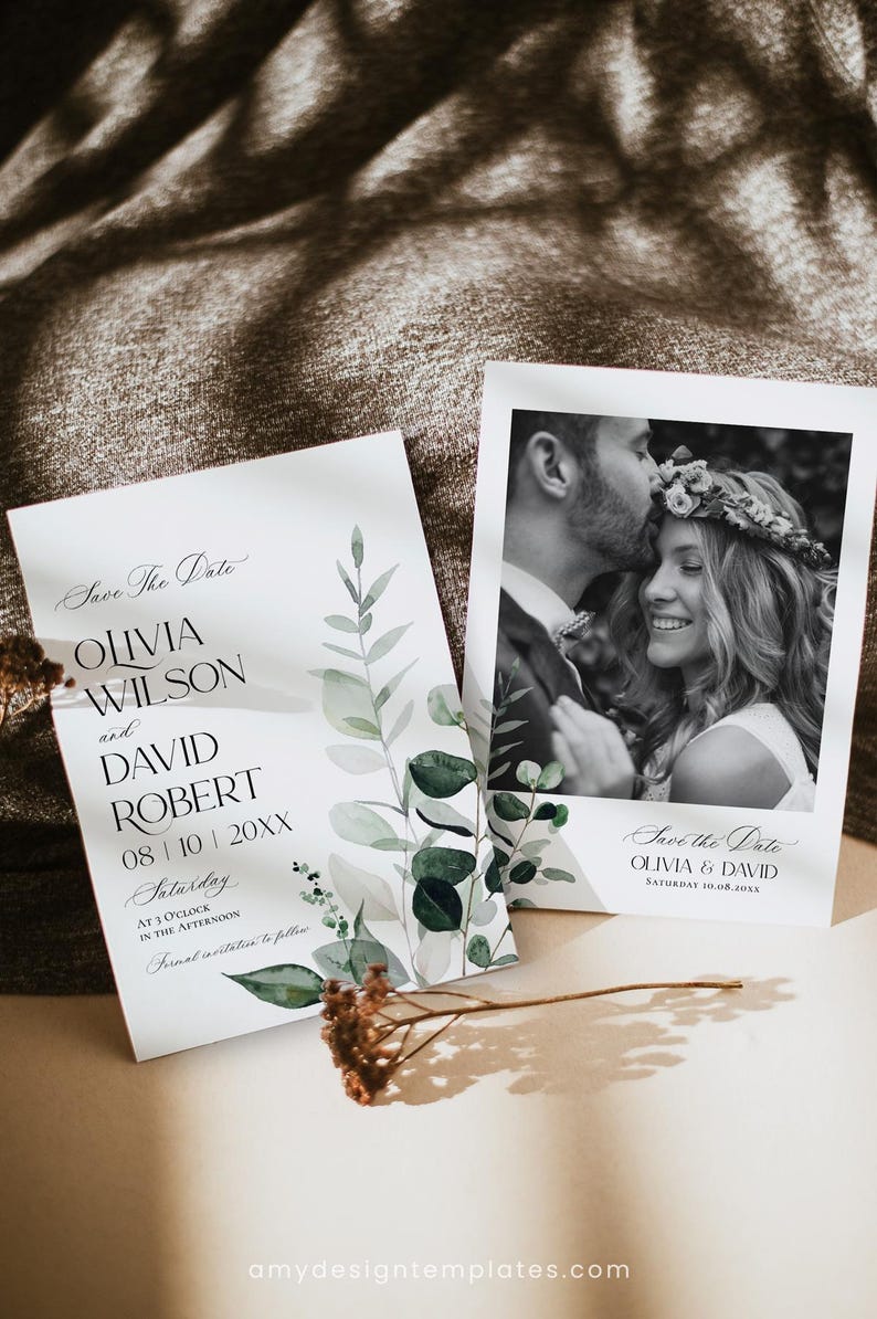 May include: Save the date cards with a watercolor eucalyptus design. The cards feature a black and white photo of a couple and the text "Save the Date Olivia & David Saturday 10.08.20XX".