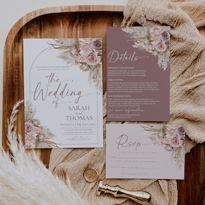 Mauve Wedding Invitation Suite Template, Pink Boho Wedding Invitation Template, Bohemian Pampas Wedding Invitation Set Printable D012
