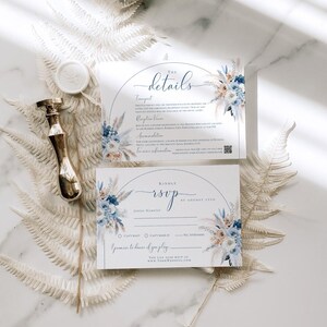 May include: A wedding invitation suite with a blue and white floral design. The invitation card has the text "The Details" and includes information about the ceremony and reception. The RSVP card has the text "Kindly RSVP by August 31st" and includes a space for guests to provide their names and indicate their attendance.