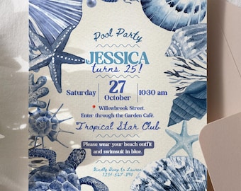 Indigo Sea Turtle Pool Party Invitation, Coastal Shell Starfish Jellyfish Card, Oceanic Birthday Party Theme, Customizable Canva Template