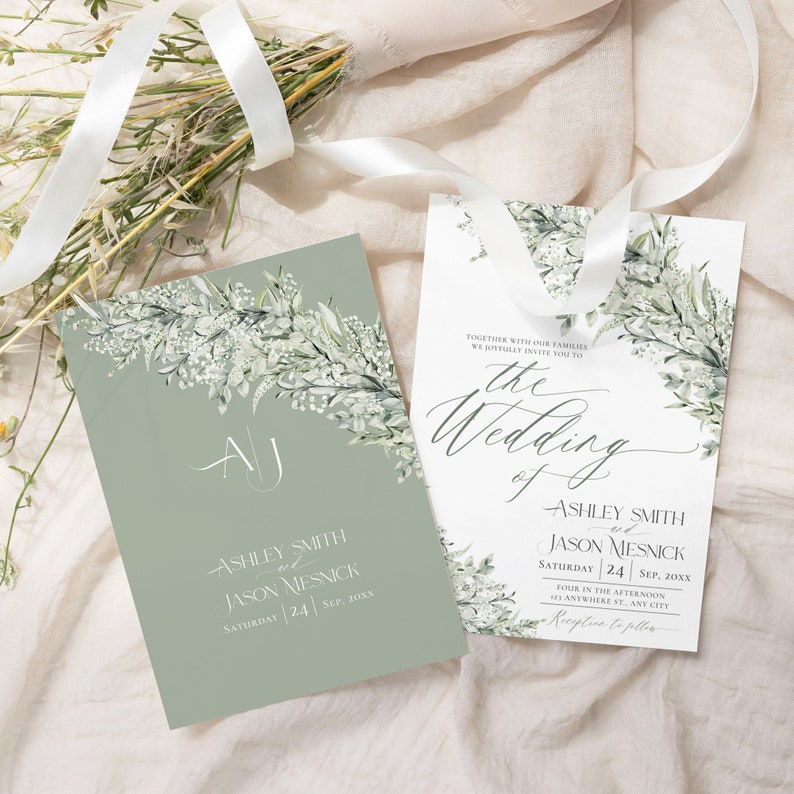 May include: A green and white wedding invitation with a floral design. The invitation reads "Together with our families, we joyfully invite you to the wedding of Ashley Smith and Jason Mesnick. Saturday, 24 September, 20XX. Four in the afternoon, 11 Anywhere St, Any City. Reception to follow."