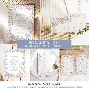 K&ouml;nnte beinhalten: Ein Satz druckbarer Einladungen f&uuml;r einen Braut-Brunch mit floralem Design. Die Einladungen zeigen ein Aquarell-Blumenmuster in Rosa-, Lila- und Blaut&ouml;nen. Der Text auf den Einladungen lautet "Bridal Brunch", "Sophie Smith", "Samstag, 25. Dezember", "Willkommen zum Braut-Brunch von Sophie", "25", "Tisch 01", "Brautdusche von Sophie" und "Danke".