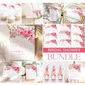 Hot Pink Bridal Shower Invitation Bundle, Floral Bridal Shower Invitation, Bridal Games Bundle, Printable Pink Floral Bridal Shower B052