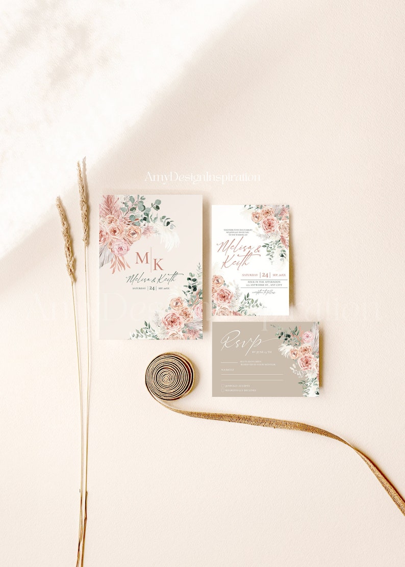 Floral Wedding Invitation Suite Template Blush Pink Wedding Invitation Set Dusty Roses Eucalyptus Wedding Invite Editable