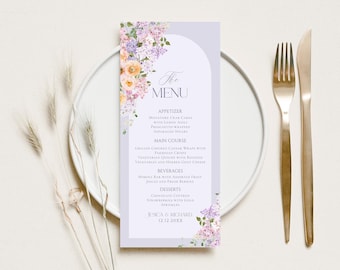 Floral Menu Place Card Template: Purple Peach Printable (Digital Download) E045