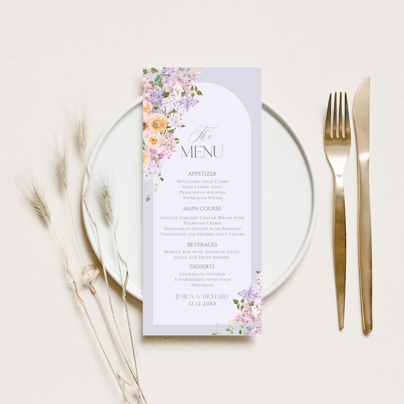 May include: A wedding menu card with a floral design featuring purple and yellow flowers. The menu includes appetizers, main course, beverages, and desserts. The text on the card reads "The Menu", "Appetizer", "Miniature Crab Cakes with Lemon Aioli", "Prosciutto-Wrapped Asparagus Spears", "Main Course", "Grilled Chicken Caesar Wraps with Parmesan Crisps", "Vegetarian Quiche with Roasted Vegetables and Herbs Goat Cream", "Beverages", "Mimosa Bar with Assorted Fruit Juices and Fresh Berries", "Desserts", "Chocolate Covered Strawberries with Gold Sprinkles", "Jessica & Richard", "12.12.20XX".