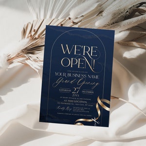 Printable corporate invitation template featuring elegant navy and gold design with “We’re Open” message.