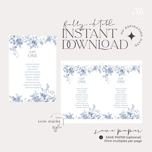 May include: Two printable wedding seating chart templates with a blue floral design. The text "Table One" is at the top of each chart. The charts include a list of names for each table. The text "Save Paper (optional) Print multiples per page" is at the bottom of the image.
