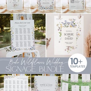 May include: A collection of wedding signage templates with a boho wildflower theme. The bundle includes table numbers, custom signs, guestbook signs, seating charts, and welcome signs. The designs feature floral borders and elegant fonts. The bundle includes over 10 templates.
